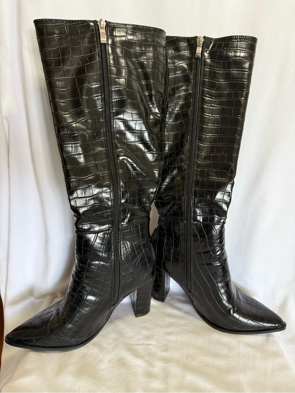 Black Croc-Embossed Over-the-Knee Heeled Boots
